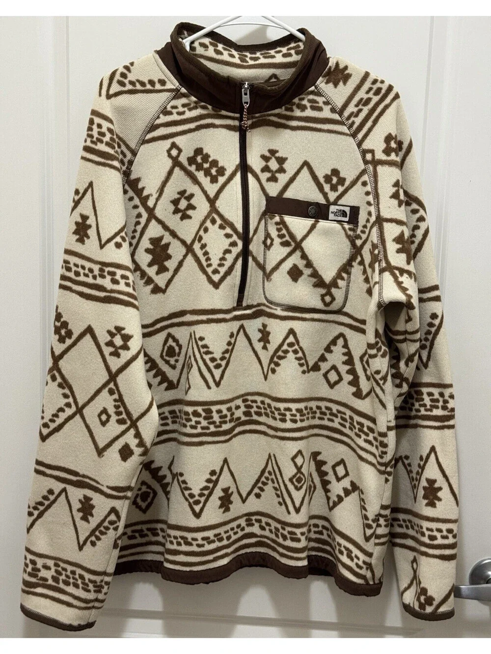 The North Face Men’s XL Fleece 1/4 Zip Pullover Cream Brown Geometric Aztec Prin